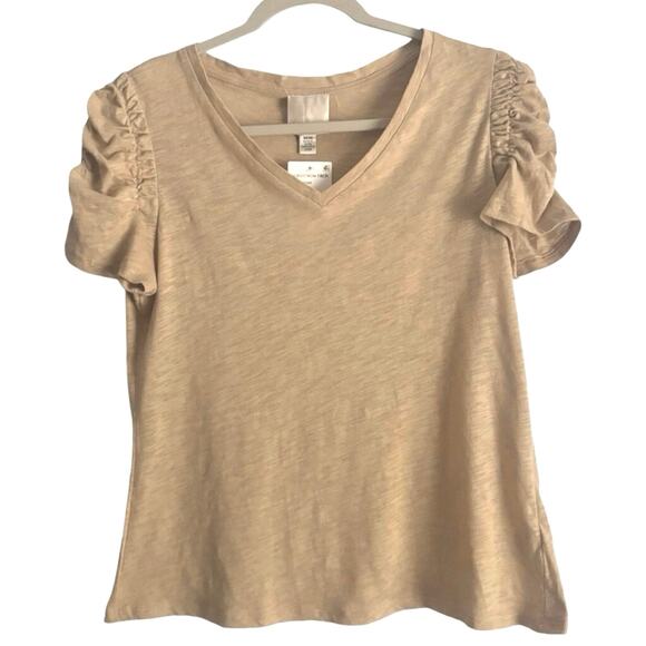 Industry Tan Pima Cotton V-Neck Ruched Puff Sleeve Tee Shirt Medium - Picture 2 of 5